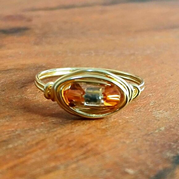 Dainty Swarovski Crystal Beaded Ring, Wire Wrapped, Gold, Size 9.5, Upcycled - Picture 1 of 3